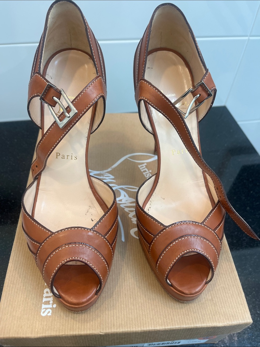 Christian Louboutin Tan Leather Peep-Toe Ankle Strap Heels